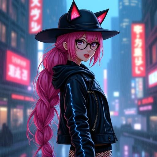 Female warrior with pink hair and cat ears hat. Leather jacket falls off one shoulder. Gothic boots and fishnets. Cyberpunk style with neon signs. Cute character with perfect face and round glasses. Hands show five fingers with black nails. Red lipstick on lips. Cybernetic tattoos on right leg. Glaive on back with glowing blue and purple circuits. Full body shown with rainy atmosphere and red tips on hair.
