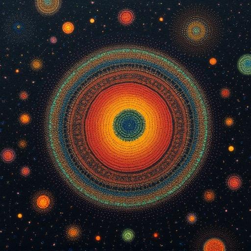 Pointillism artwork depicting a central eye surrounded by colorful orbs. Dark background enhances vibrant circles. Represents themes of chaos and corruption.
