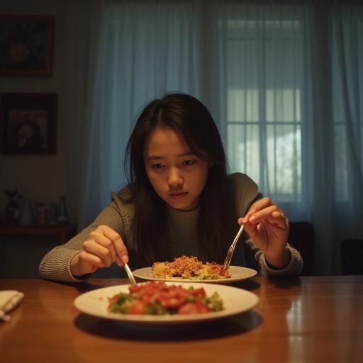 A woman is seated at a table alone. She is eating food in the evening. The atmosphere appears introspective and sad. The soft light from the window adds to the mood.