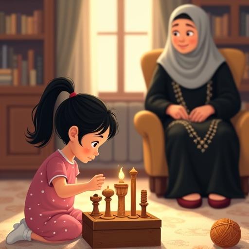 A cozy cartoon-style indoor scene. A faceless girl with short black hair in a ponytail kneels on a soft rug. The girl wears a pink short-sleeved dress. She opens a small wooden box with distinct wooden pillars glowing slightly. A grandmother watches calmly, dressed in a black abaya and gray hijab, with crochet project on her lap. The background features bookshelves and soft textures.