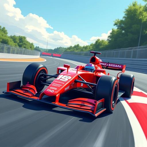 Nissan Formula E car in cartoon style jumps on a bright circuit. The car is dynamic and colorful with a clear blue sky and vibrant colors around it. The racing scene is depicted with exciting speeds and angles.