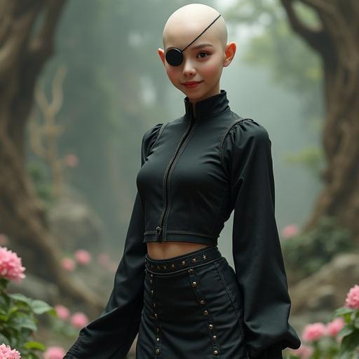 Young woman with no hair wearing an eyepatch. Outfit includes a high-neck black blouse and a tight miniskirt. Background features a fantastical kingdom with flowers and trees. High detail artwork in 8k resolution. Splendid colors and fantasy theme.