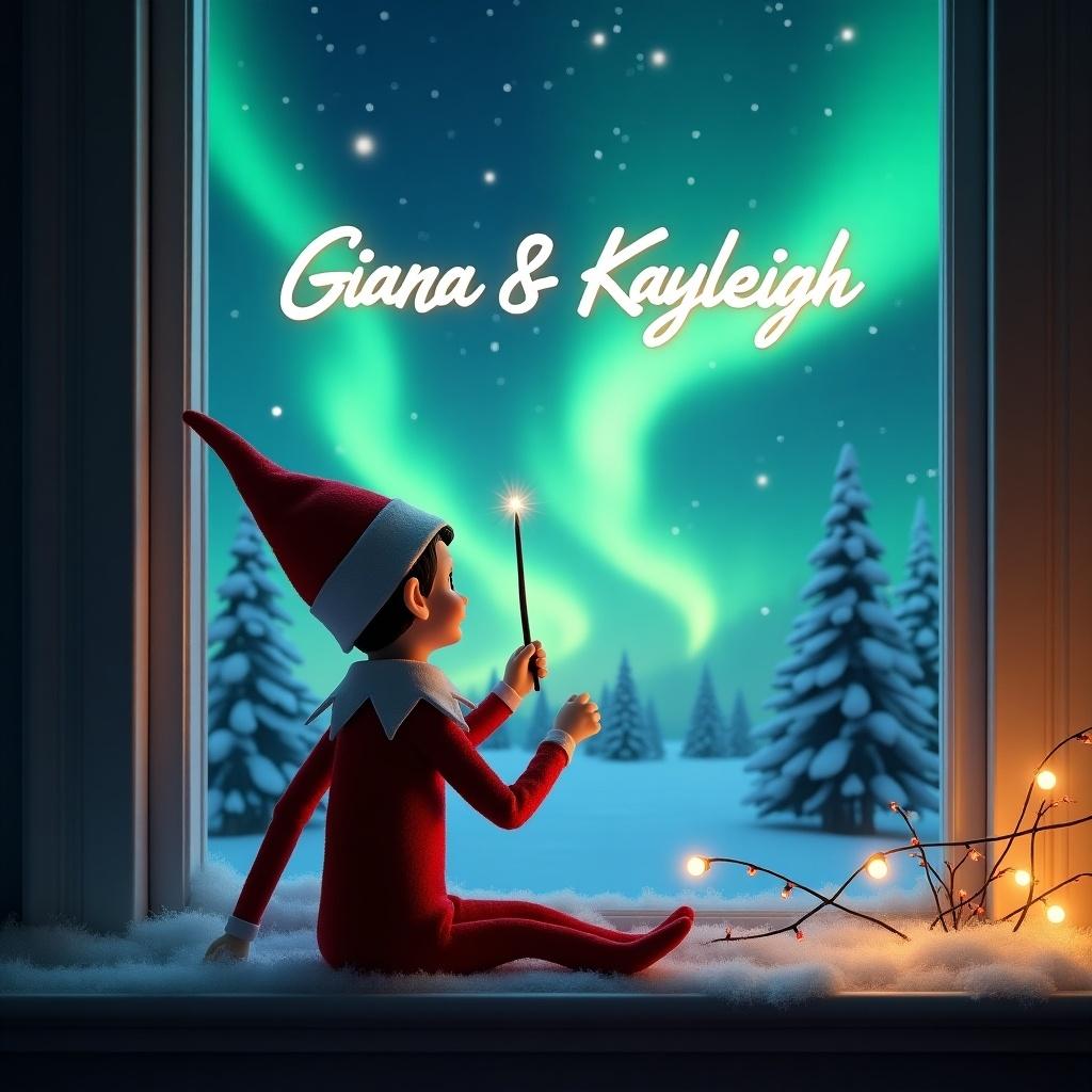 An elf on the shelf gazes up at a vibrant night sky illuminated by northern lights. Wand in hand, the elf writes Giana & Kayleigh in the sky. Soft snow covers the window sill. Enchanting background features snow-covered trees and a cozy holiday atmosphere.