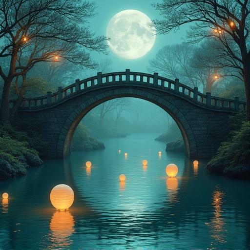 Moonlit stone arch spans a jade river. Lanterns float on water. Trees frame the scene under the moonlight. Calm atmosphere reflects serenity and beauty.