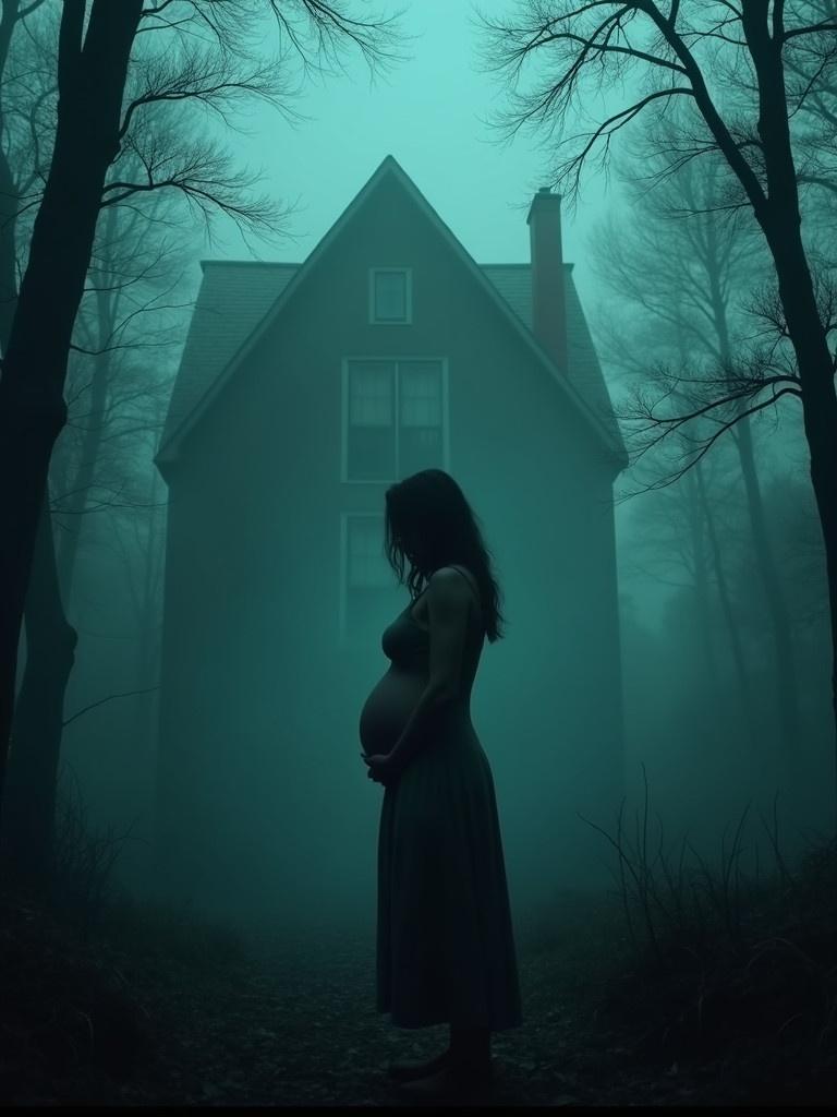 Creepy illustration of a pregnant woman in front of a scary house. Woman appears distressed. Foggy forest with bare trees surrounds the scene. Teal glow enhances suspense. Poster evokes fear and anticipation for a horror movie.