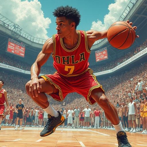 Illustration of a basketball scene featuring a player in a red and yellow jersey dribbling. A crowded stadium in the background adds energy. Realistic dynamic style mimicking Seinen manga. Good attention to detail in features, clothing, and expressions.