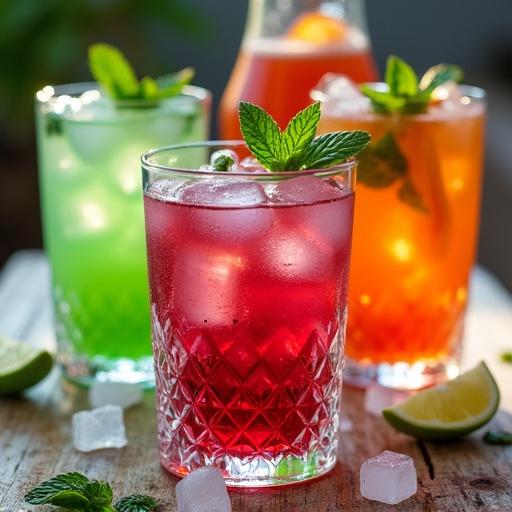 Vibrant cocktails on a rustic wooden table. A red cocktail in a crystal-cut glass with ice and mint. A green cocktail with mint and ice to the left. An orange-hued drink with an orange slice to the right. Soft warm lighting with blurred background drinks. Scattered ice cubes and lime wedges nearby.