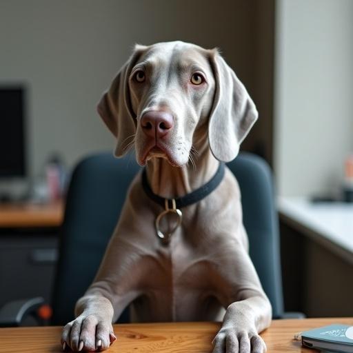 A Weimaraner dog sitting at a desk in an office environment. The dog has its front paws on the desk and appears to be engaged in taking phone calls. The setting includes a modern office background with a chair and window visible.