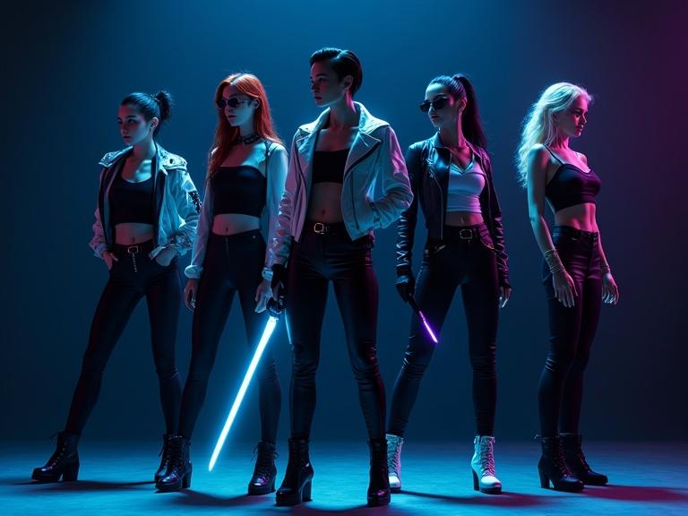 Five female characters with sleek fashion. They wear tight black pants and short black tank tops. One has a baggy white and black jacket. Hair is styled in various unique ways. They hold glowing weapons. The setting is dark with dramatic lighting.