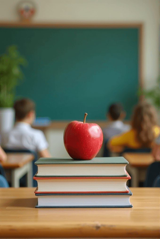 A red apple sits on top of a stack of books with a classroom background.