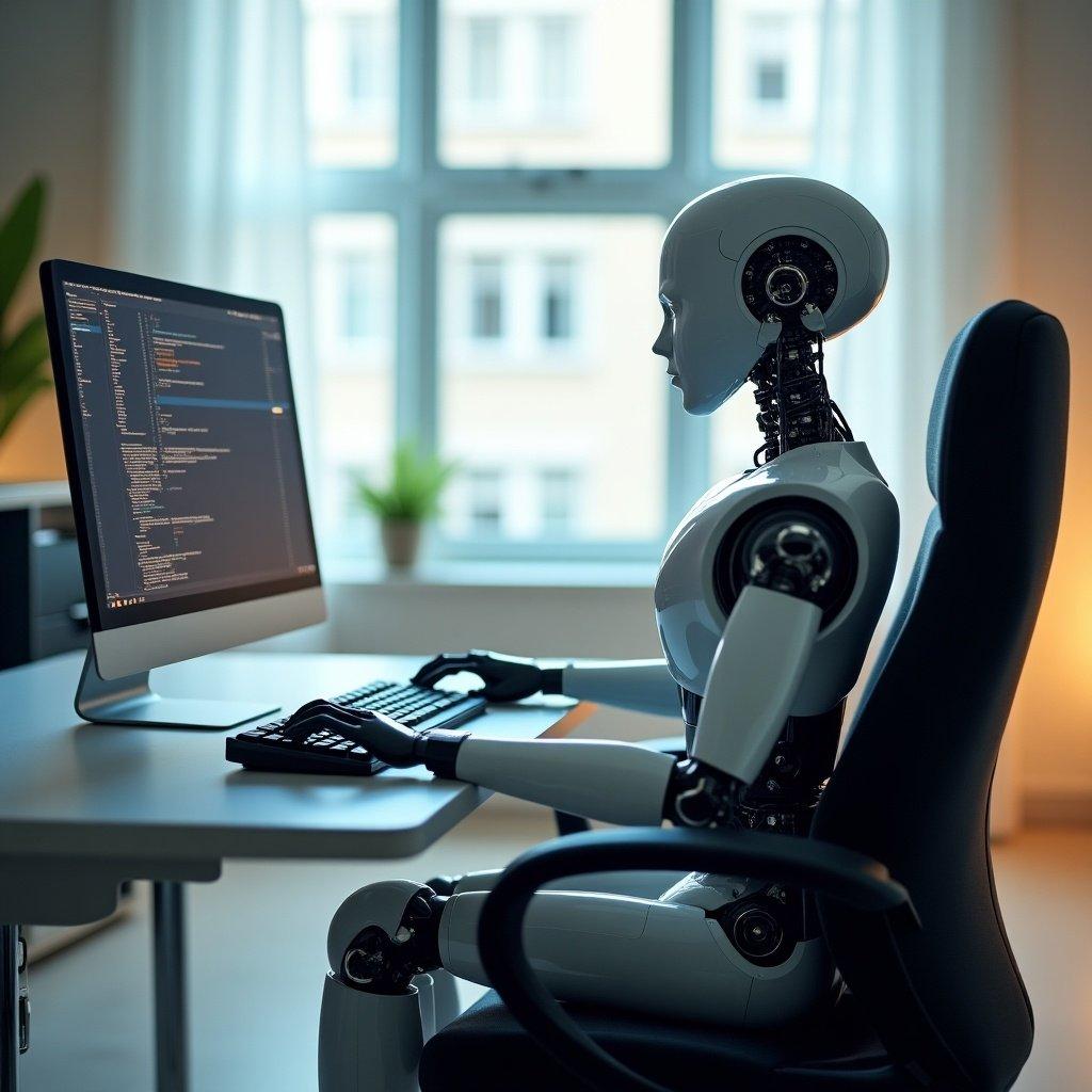 Human robot sits on chair controlling PC via keyboard and mouse. The robot has a sleek design with a modern aesthetic. The workspace features a computer monitor displaying code and plants in the background.