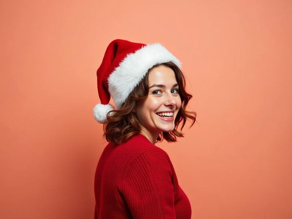 The image features a person wearing a festive red Christmas hat with white trim. They are also dressed in a cozy red sweater that has a knitted texture. The person is turned slightly to the side, showcasing the profile of their neck and hair. The background is a warm peach color, enhancing the festive vibe of the scene. The lighting is soft, which adds to the cheerful atmosphere of the image, suggesting a holiday theme. Overall, the picture captures a joyful and seasonal mood.