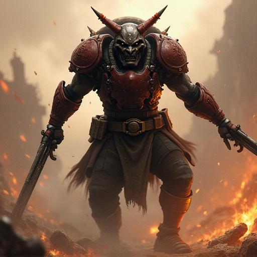An imposing Helldiver character engaged in battle. The character shows a fearsome presence with armor and weapons. Fiery background enhances the dramatic effect. Strong posture and fierce expression create an intimidating look.