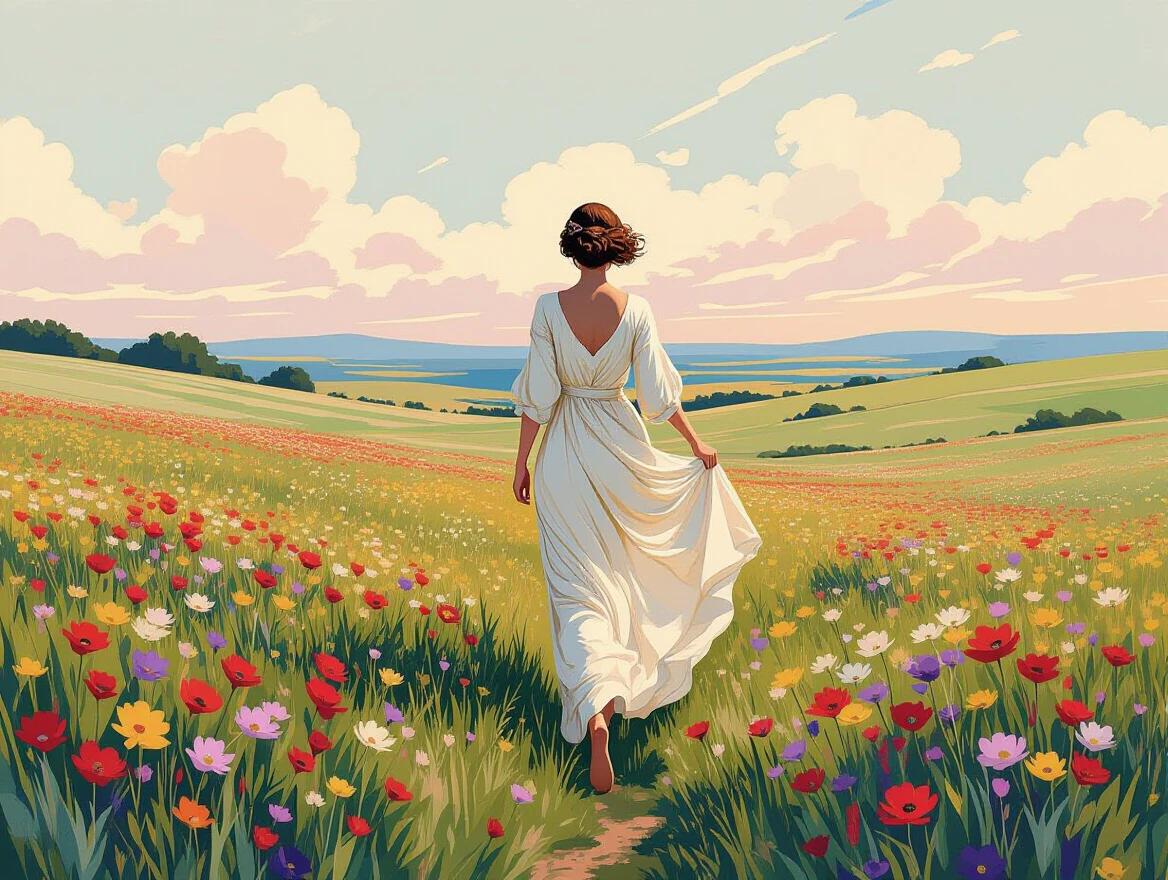 A panoramic landscape with a female figure in flowing garments walking through a meadow of blooming wildflowers. The environment features swirling organic patterns and loose brushstrokes. Pastel skies blend into soft hills. Subtle digital glitch elements create a surreal contrast between beauty and decay.
