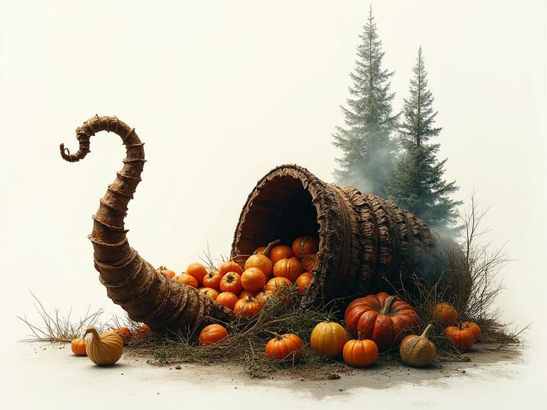 Double exposure image of a cornucopia with silhouette effects. Mixed media artwork. High-resolution