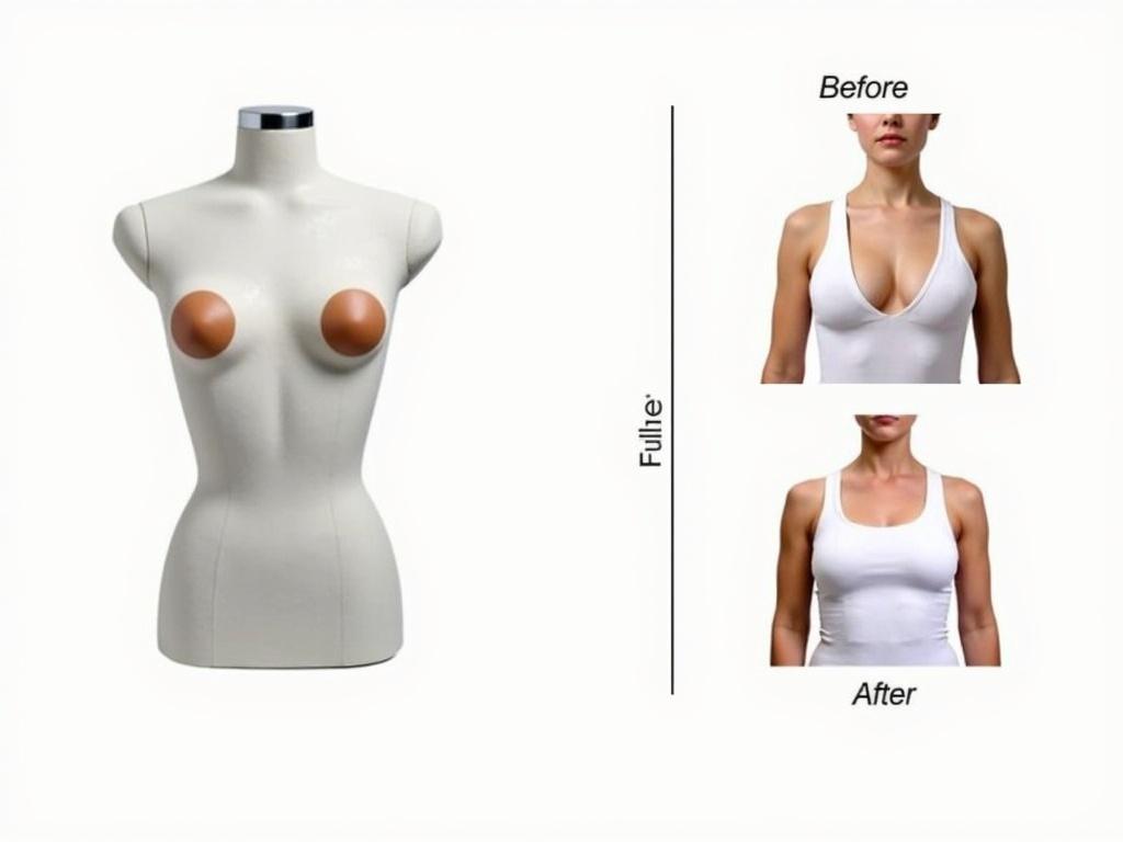 The image features a torso mannequin with two silicone nipple covers positioned on its chest area, showcasing a smooth and skin-like appearance. Below, there are two side-by-side comparisons of a woman's upper body wearing a white tank top, labeled 'Before' and 'After'. The 'Before' side displays a less fuller chest profile, while the 'After' side shows enhanced lift and fullness, suggesting the effect of the nipple covers. The lighting is bright and even, emphasizing the details of the products and the transformation.