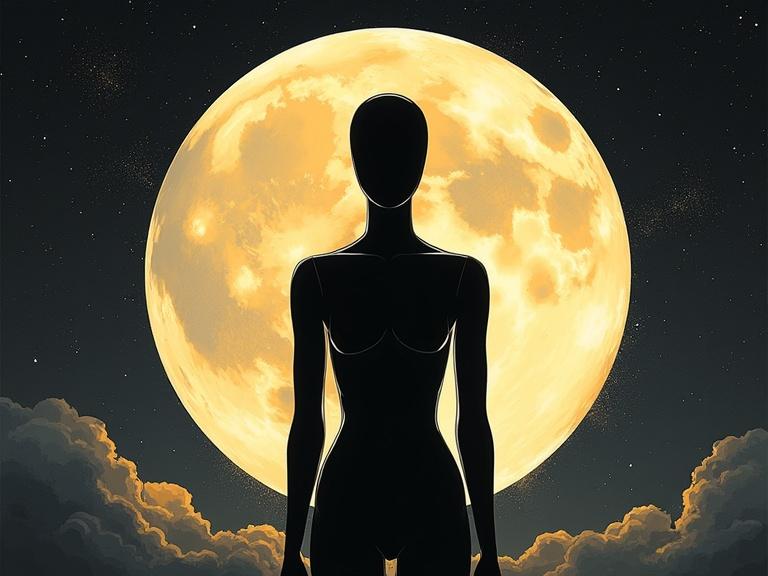 Minimalist faceless mannequin silhouette against a large moon. Abstract illustration with a bold monochrome background. Surreal and emotive. Sharp contrasts and clean negative space. Fashion editorial vibe.