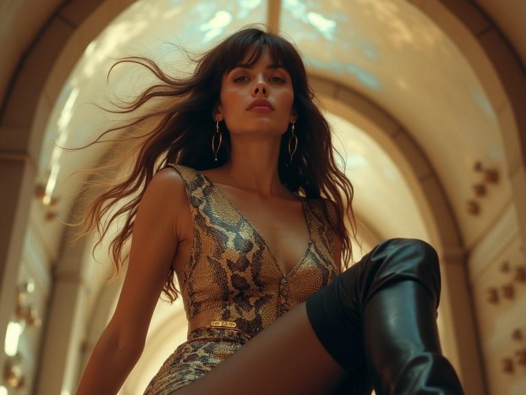 Retro futuristic image featuring a unique female character with beautiful long brown hair in a modeling pose. She wears a snake-skin dress and tall black thigh boots. The scene is illuminated with heavenly light and set in an industrial cathedral background.