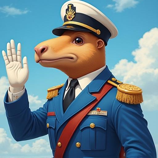 Capybara in a blue and white naval uniform saluting with right hand. It flies an airplane which is also blue. Character looks to the left with a hat on head.