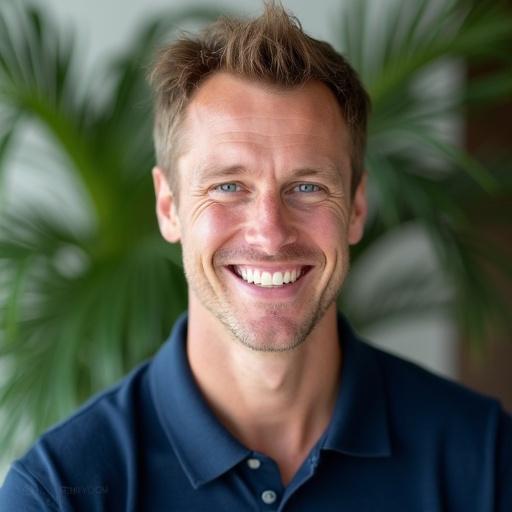 Photograph of a man with short brown hair and blue eyes. He smiles warmly. Light skin tone. Wearing navy blue polo shirt. Background is blurred with green foliage. Soft natural lighting highlights his expression.