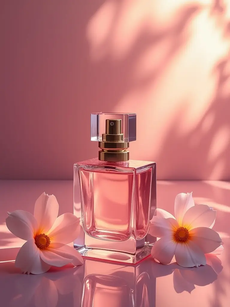 Photo of a perfume bottle placed on a reflective surface. Gentle pink background. Two white flowers positioned beside the bottle. Soft lighting creates a dreamy look.