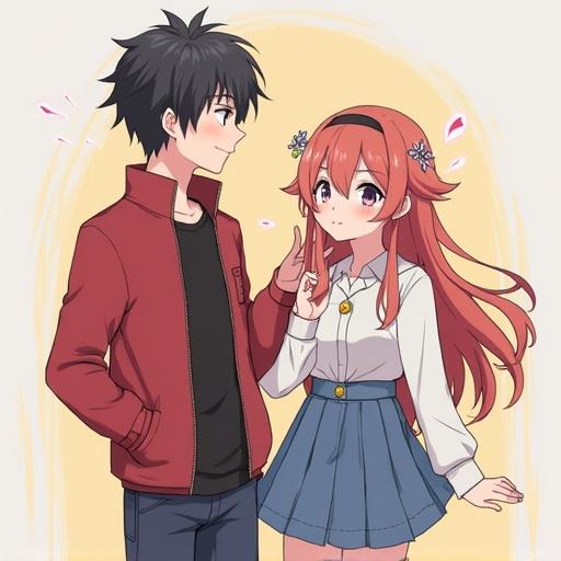 Anime style boy and girl interact in bright colors. The boy wears a red jacket and has spiky black hair. The girl has long red hair and wears a white blouse with a skirt. They share a playful moment.