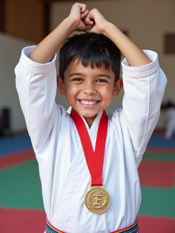 A young boy wearing a white Taekwondo uniform stands on a mat. He holds a gold medal above his head. His expression shows happiness and pride. Indoor setting emphasizes the achievement.