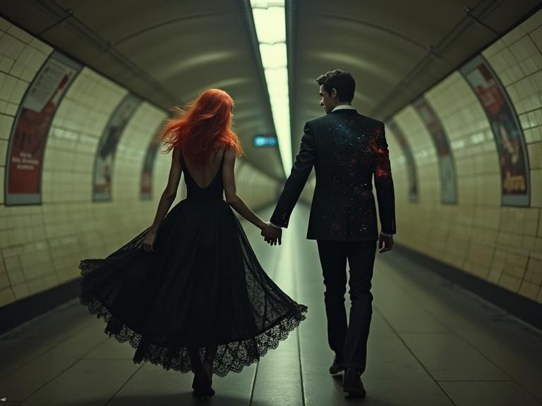 A nostalgic image of a dimly lit subway tunnel features a woman with flowing red hair in a black lace dress. Silhouetted figure holds hands with her. She is mid-spin, caught in motion. The silhouette shows a swirling galaxy of stars and nebulae. The atmosphere feels bittersweet and dreamlike. Image has a soft vintage film filter with muted highlights, subtle haze, and grain.