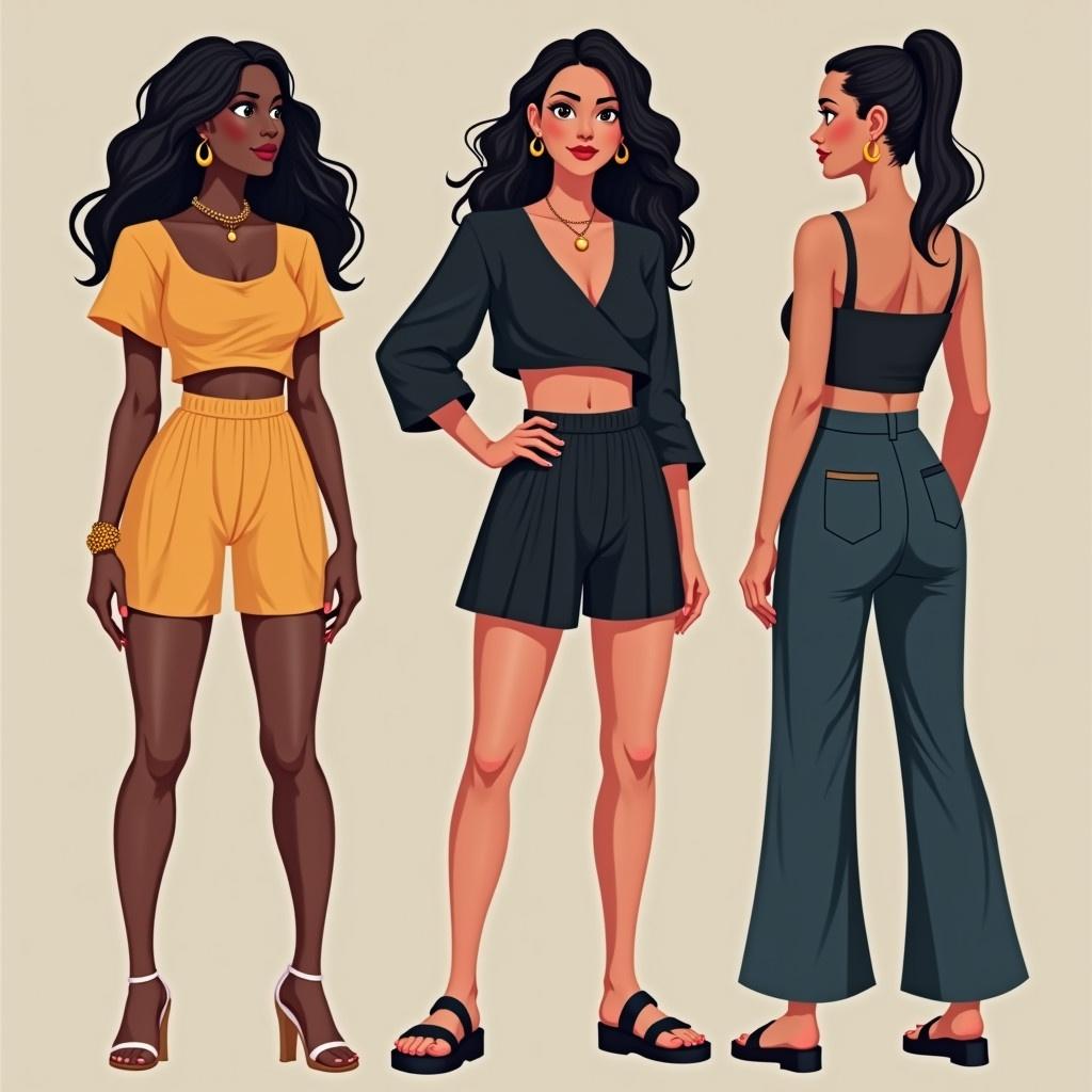 Women's fashion illustration featuring three models wearing trendy two-piece sets. Each outfit showcases different styles, colors, and textures. The scene reflects modern and stylish summer looks suitable for casual wear. Characters are standing in different poses, highlighting the clothing designs.