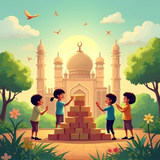 Bright cheerful Islamic themed summer camp scene for children. Children building symbolic structure with bricks, showing teamwork. Background features grand Islamic architecture with domes and arches. Scene surrounded by greenery, flowers, birds, and sunshine. Overall mood is spiritual and playful. Includes open space for text.