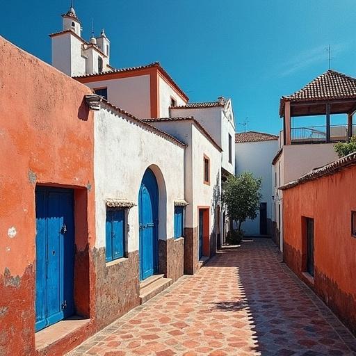 A picturesque street in Essaouira Morocco. Features traditional Moroccan buildings with vibrant blue doors. Clear blue sky provides bright lighting. Cobblestone path adds charm to the scene. Architectural details reflect the rich culture of Essaouira.