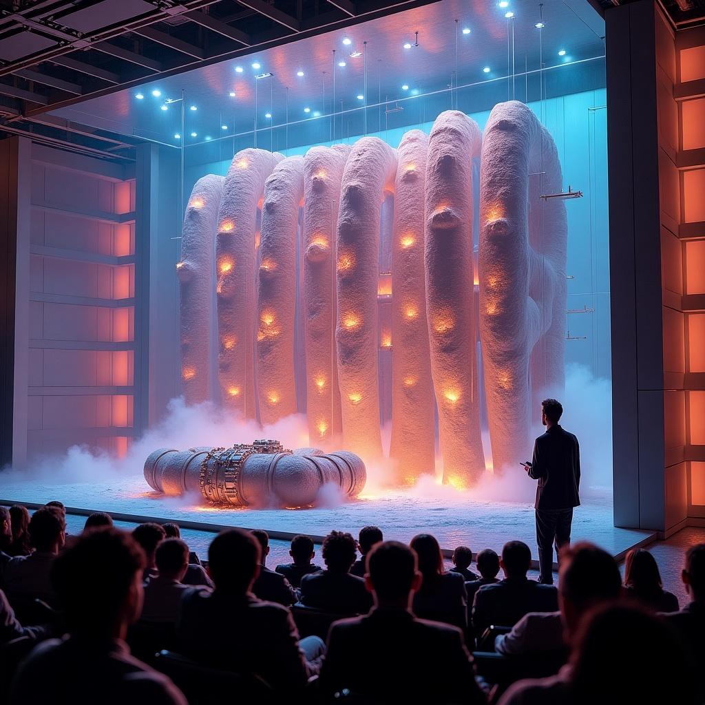 Futuristic lecture hall displayed. Colorful lighting surrounds. Enthusiastic crowd watches massive dilution refrigerator. Quantum processor sits at the bottom. Copper pieces drape from the top layer. Cold heads connect to closed-cycle helium cryocooler. Tubes feed lower levels with mixed helium isotopes.