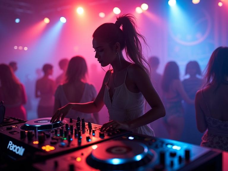 Image of a lively Berlin nightclub scene with a DJ spinning techno beats. Colorful lights illuminate the dance floor. A beautifully dressed techno girl is immersed in the music. Front view of the scene.