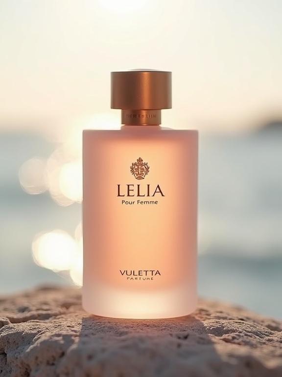 A niche artisan perfume with a frosted rose hue bottle and rose gold cap. Features an embossed emblem and a soft pink liquid inside. The brand name is VULETTA and the fragrance name is LELIA in modern typography. Natural light setting with a soft-focus Adriatic sky in the background. Color palette includes pale gold and bronze tones.