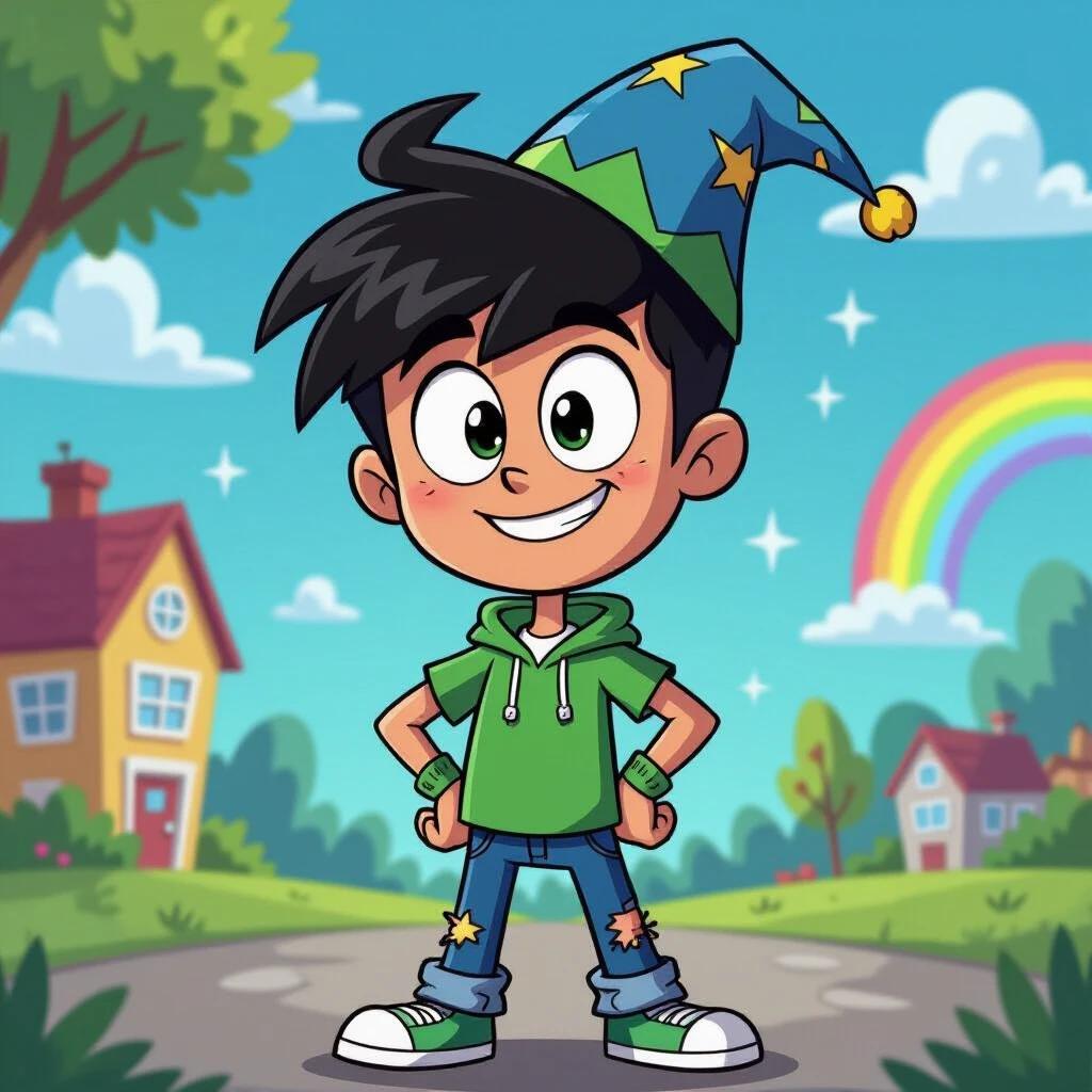 Character Timmy Turner wears green hoodie stands in colorful background with rainbow and houses. He has a playful expression and a pointy hat.