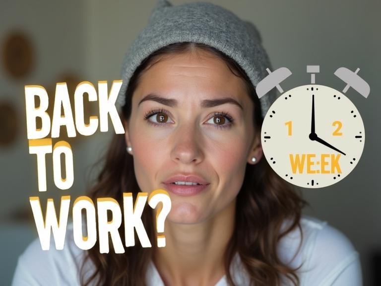 A person looks at the camera with a slightly concerned yet hopeful expression. Comfortable headwear is worn. Text on the left says 'BACK TO WORK?'. On the right is a clock graphic showing 1-2 weeks. Background is neutral and slightly out-of-focus, enhancing focus on the subject.
