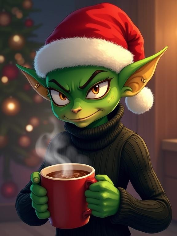 A green-skinned goblin is wearing a red Santa hat and a black ribbed sweater. He stands in a dimly lit room with warm bokeh lights. His expression is sly and mischievous. Pointed ears have yellow studs. He holds a steaming mug of hot cocoa.