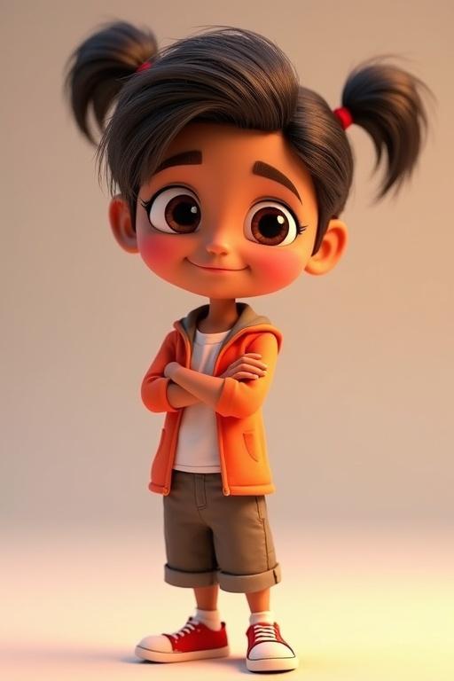 Stylized three dimensional animated character with Pixar-like visuals. Character has playful hairstyle and stylish clothing. Arms crossed with a confident pose. Features large expressive eyes and smooth skin. Color tones vibrant with soft lighting for a warm effect.