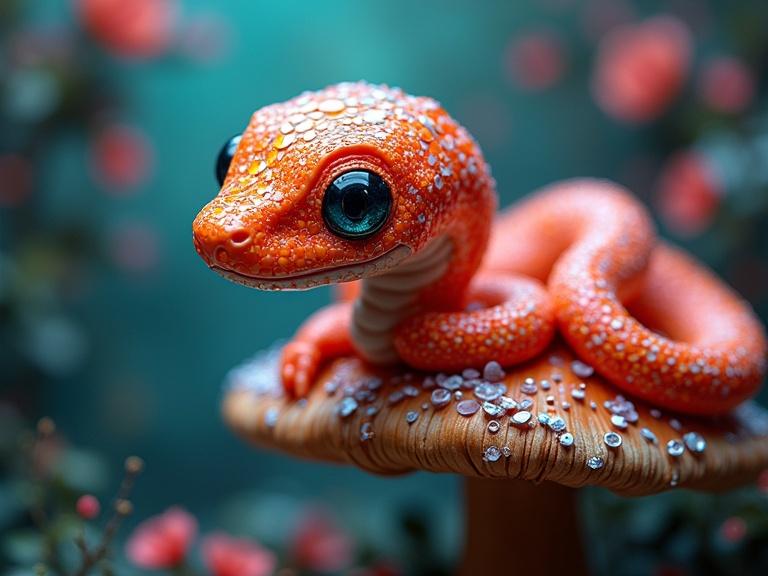 3D iridescent ceramic tile and glass mosaic design featuring a cute neon orange alien snake perched on a glowing mushroom. Big adorable eyes, bioluminescent green flowers and intricate fractal details create an ethereal fantasy scene.
