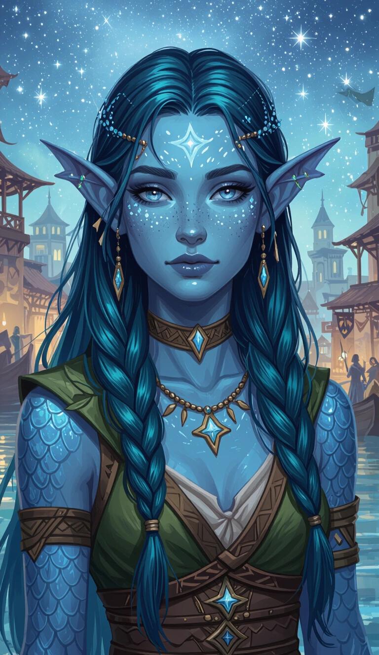 Acrylic painting of a druidic fish-girl character. She has long green-blue hair styled slick back. Skin texture resembles fish scales with bright blue color. The background features a fantasy city with mystical architecture. Environment has a starry sky indicating celestial influences. The character wears Theros-inspired clothing with elements appealing to fantasy aesthetics.