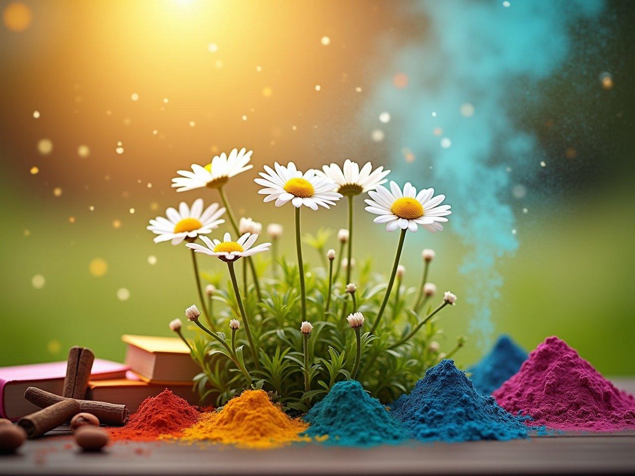 A close-up view of a tranquil landscape with flowers, illuminated by a soft golden light. The main focus is on delicate white daisies standing tall, with vibrant greens in the background. Color pigments can be seen dispersed in the air, similar to a rainbow effect. Shades of sand and white powder makeup are subtly included, giving a textured appearance. Surrounding the flowers, elements like colorful books and spices add to the visual delight. The entire scene invokes a sense of synaesthesia, where the observer can almost feel the colors swirling in the air. This image captures the essence of nature's beauty in full, vibrant detail.