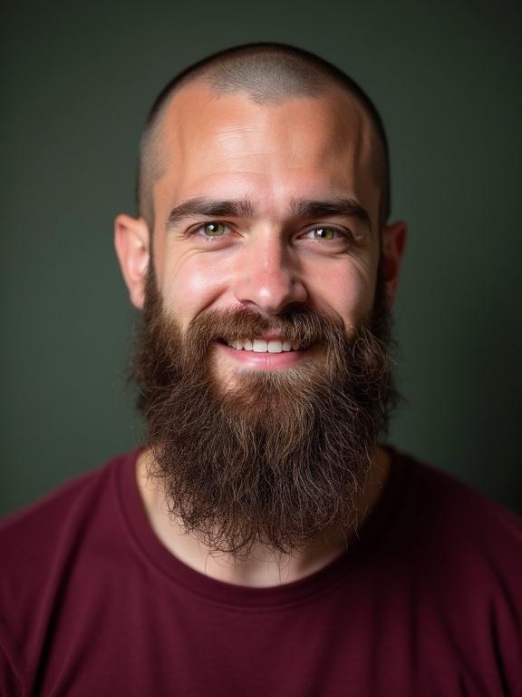 Portrait featuring a young man with green eyes and a long beard. The man has a shaved head and a muscular physique. He showcases a friendly smile and wears a maroon t-shirt.