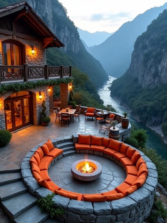 Beautiful mountain-side retreat with river view. Stone cabin and rustic decor. Sunken firepit with orange cushions. Warm lantern lighting creates cozy atmosphere. Terraced patio surrounded by nature.