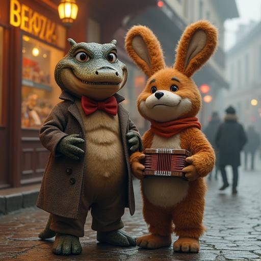 Ultra-realistic scene with two characters. One in a crocodile costume holding a vintage accordion. The other in a Cheburashka costume with large ears and an orange scarf. They stand in front of a vintage shop with Cyrillic letters. The setting has a cobblestone street, soft fog, and cinematic lighting.