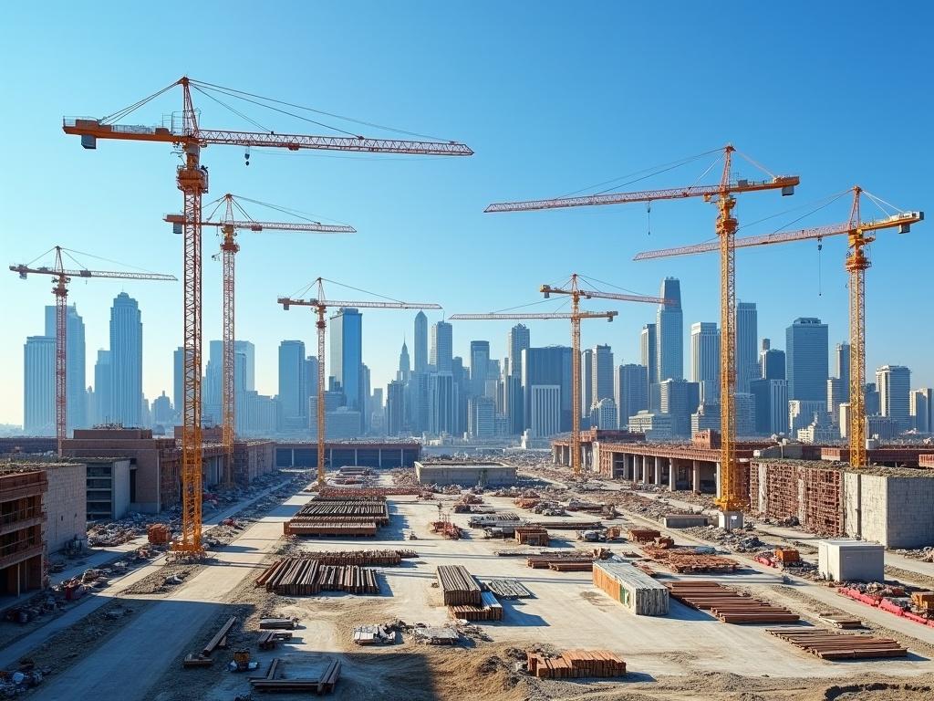 This image depicts a large construction site in the midst of urban development. Several cranes tower above, indicating active construction of new buildings. The site is filled with various construction materials like steel beams, concrete forms, and piles of earth. Around the site, modern skyscrapers rise, showcasing a city skyline. A clear blue sky overhead enhances the vibrant atmosphere of progress and development. The ground is covered in a mix of unfinished structures and well-organized construction equipment.