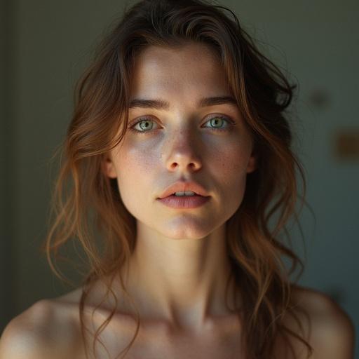 Portrait of a young woman with green eyes and natural beauty. Soft lighting emphasizes her features.