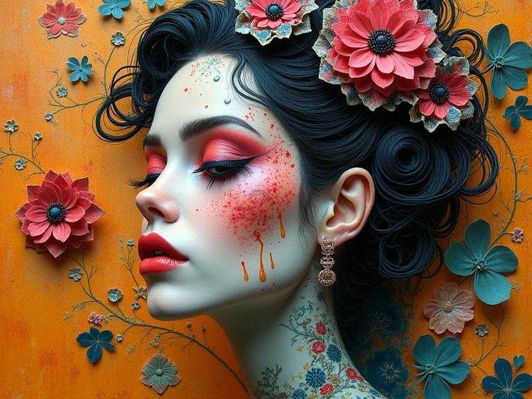 Colorful portrait of a woman with intricate floral details. Whimsical expression with vibrant colors and 3D effects. Encaustic mixed media influence.