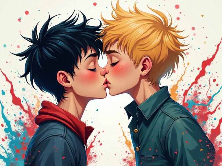 Full body image of two boys kissing. Abstract composition with colorful spikes and swirls. One boy has black hair and the other has blonde hair.