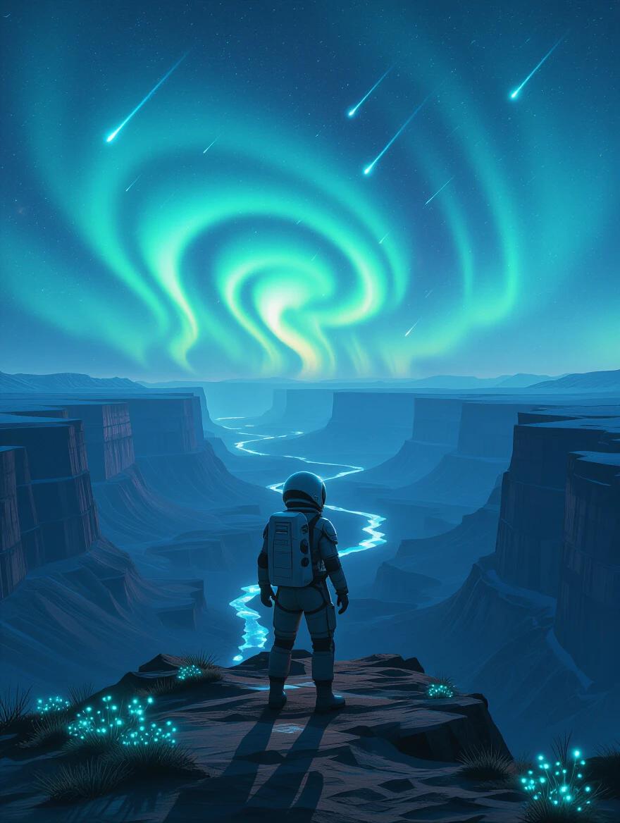 Astronaut stands at a massive alien canyon. Swirling sky has auroras and meteor trails. Terrain glows with bioluminescent plants. Suit reflects pale starlight. Ultra-detailed, high resolution.