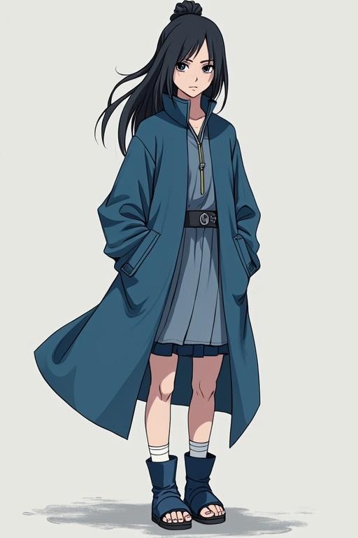 Anime character design featuring a girl with long black hair and gray eyes. She wears a dark blue dress that shows her shoulders and collarbone. The outfit is complemented by white tall boots and a Konohagakure headband on her waist.